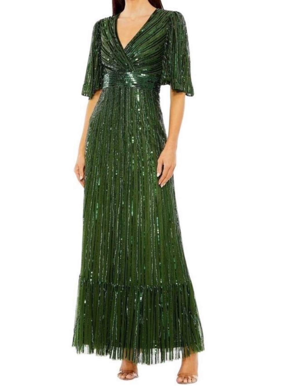 NWT Mac Duggal Emerald green Sequin Flutter Sleeve gown size 8